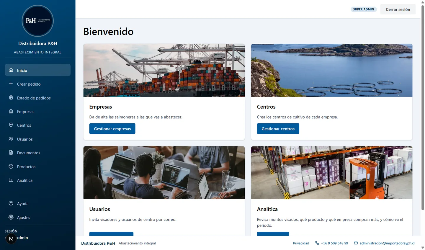 Panel de gestión de pedidos B2B para salmoneras con resumen operativo y estados de pedido